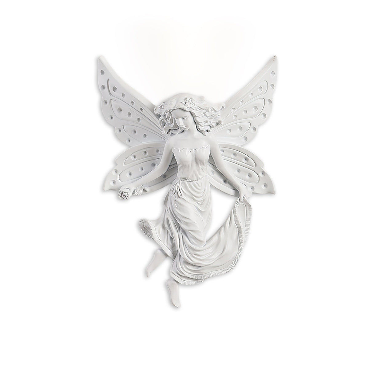 Fairy-shaped Clérachic wall light on white, its perforated butterfly wings and draped skirt in cast white resin.