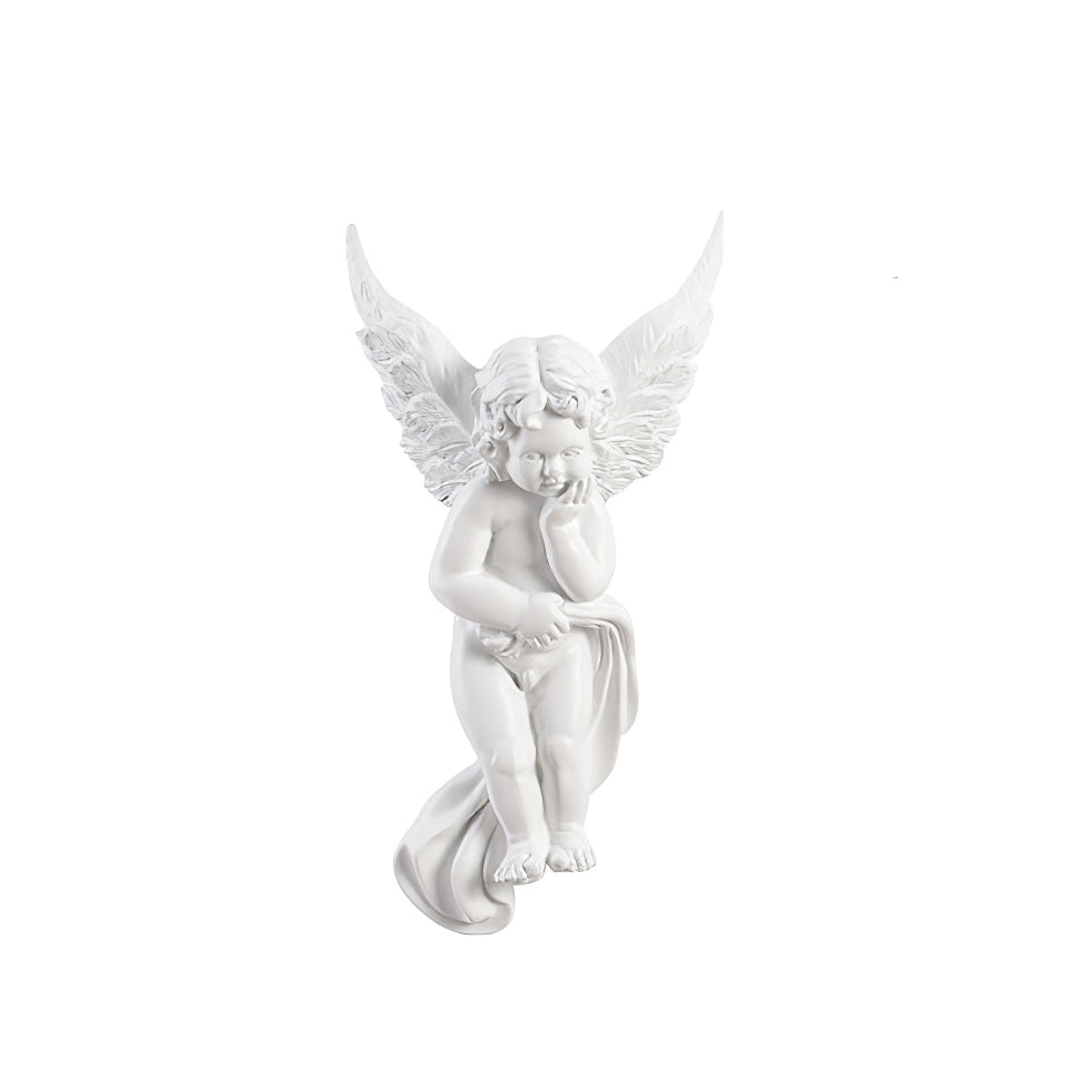 Cherub Clérachic wall light on a white backdrop, the figure resting its chin on one hand with a cloth draped below.