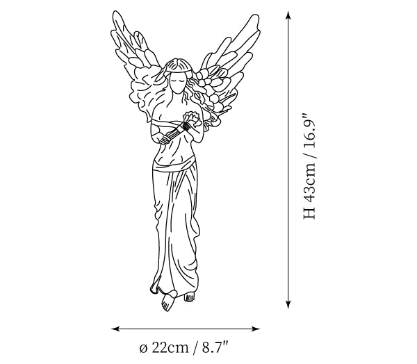 Dimension drawing of this Clérachic wall light in its standing-angel shape, with its height and width marked.