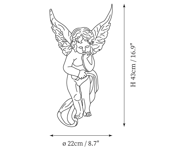Dimension drawing of this Clérachic wall light in its cherub shape, with its height and width marked.