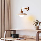 Lit Clérachic wall light with a gold-toned arm above a wooden desk, with a camera, an open book and a potted sprig beside it.