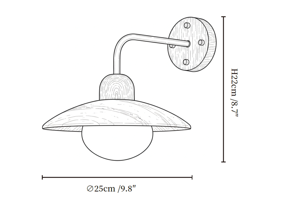 Clérachic wall light dimension drawing, every measurement marked in centimetres and inches.