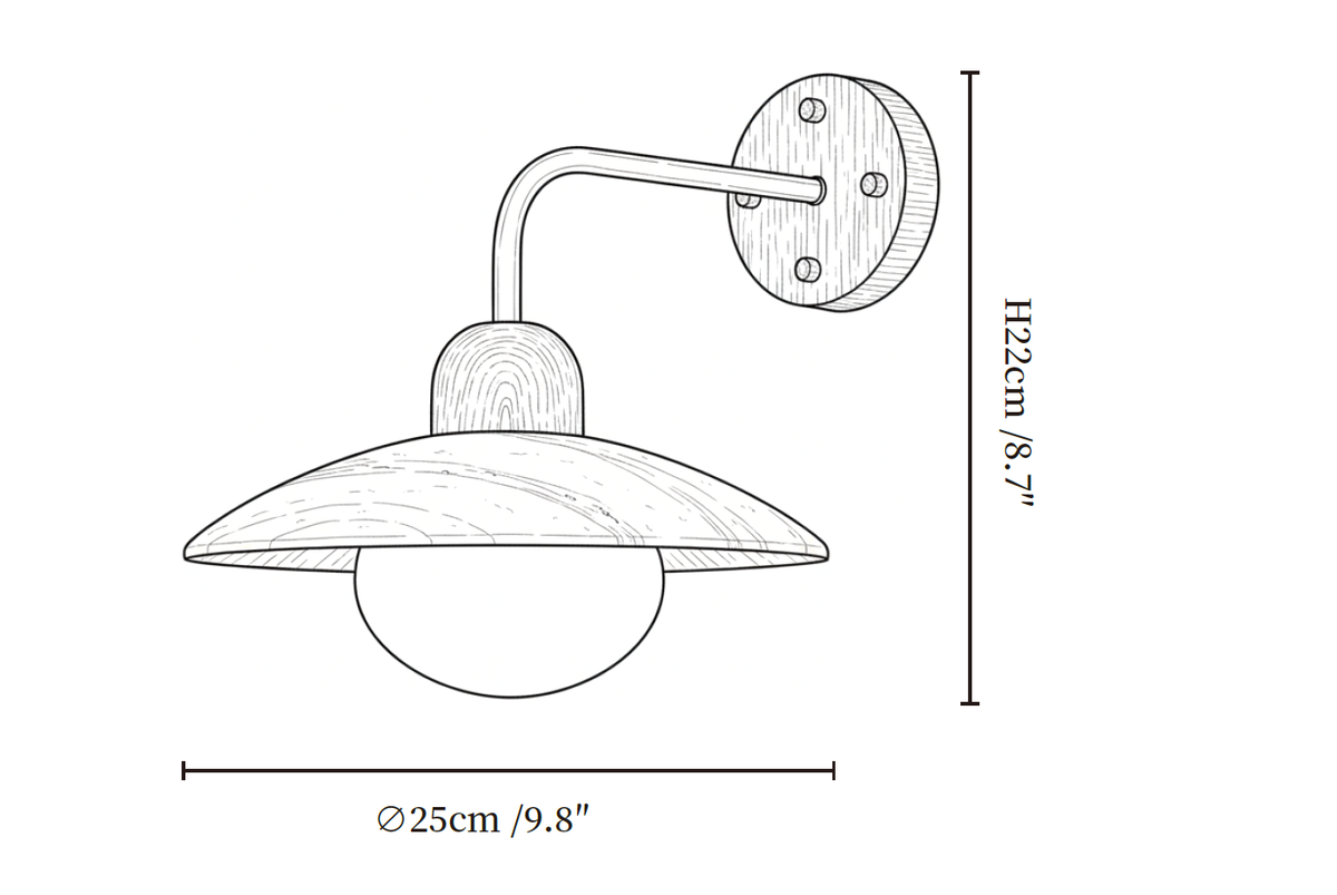Clérachic wall light dimension drawing, every measurement marked in centimetres and inches.