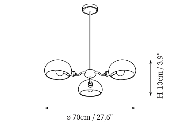 Dimension drawing of the three-light Clérachic chandelier, with its height and width marked.