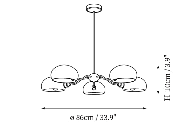 Dimension drawing of the five-light Clérachic chandelier, with its height and width marked.
