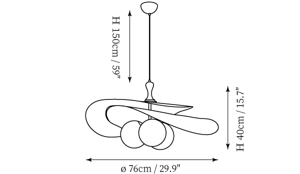 Clérachic pendant light dimension drawing, every measurement marked in centimetres and inches.