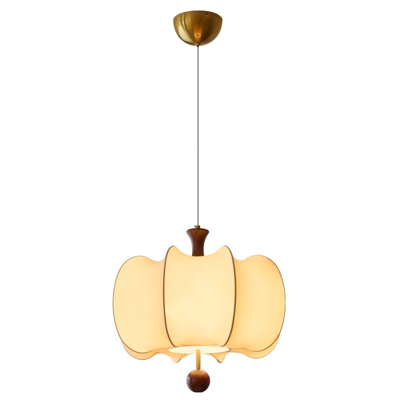 Clérachic petal-shell pendant light shown full length on a plain white background, from the domed metal canopy down the cord to the turned wood ball at the base.