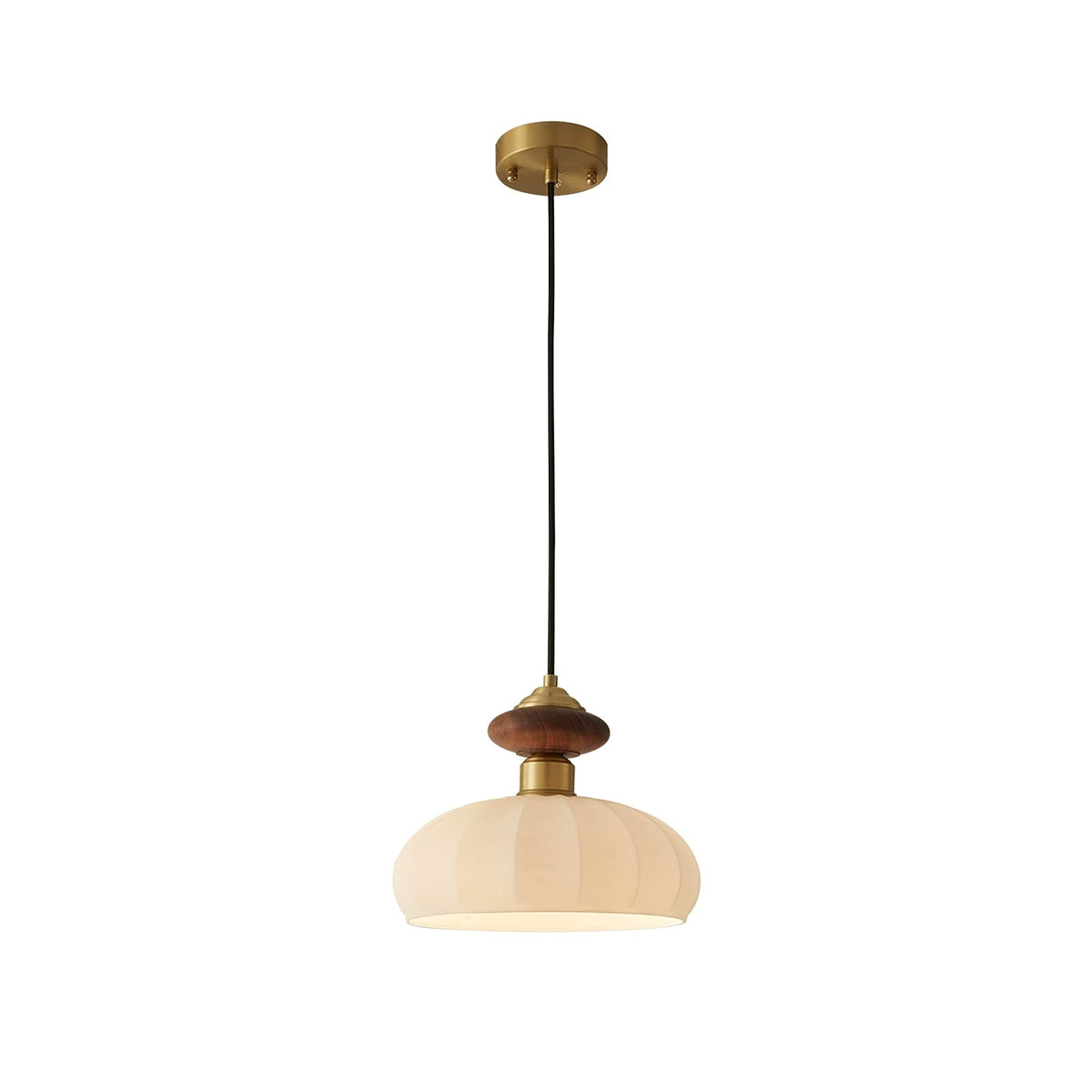 A Clérachic pendant on a black cord with a round brass ceiling plate, shown unlit against a white backdrop.