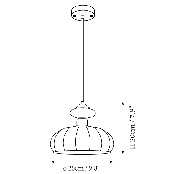 Clérachic pendant light dimension drawing, every measurement marked in centimetres and inches.
