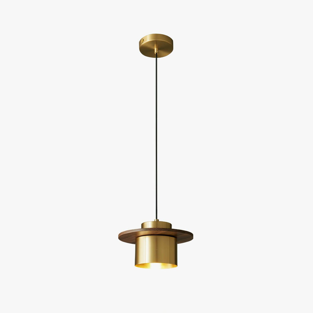 Clérachic pendant with a brass canopy, a long black cord and a walnut-brimmed brass shade, on a plain white background.