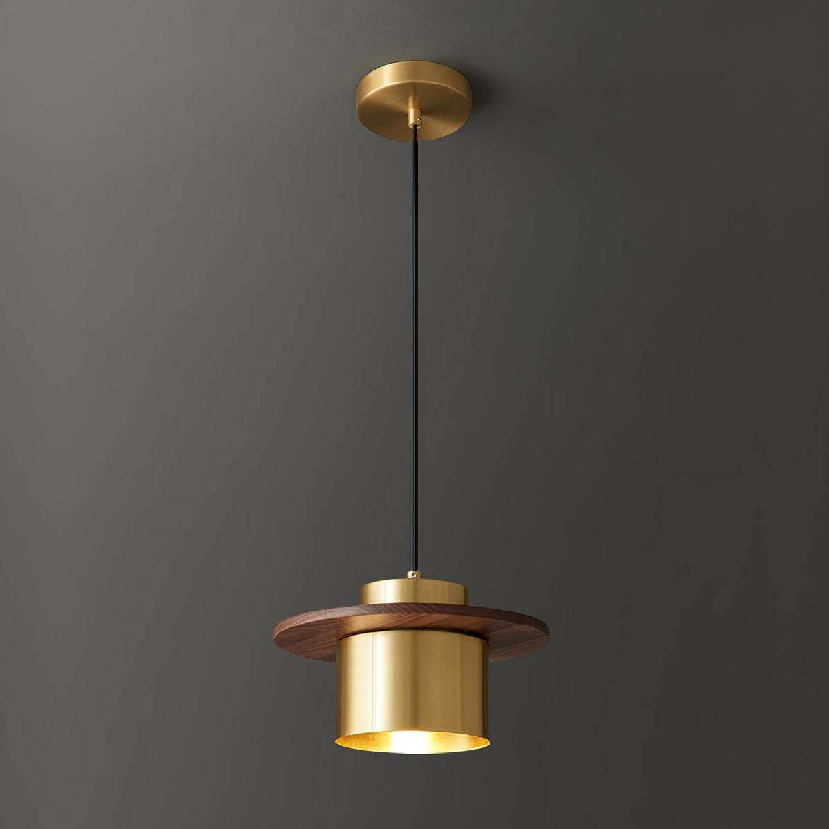 Brass canopy and brass cylinder shade with a walnut brim on this Clérachic pendant, hung on a long cord against a charcoal wall.