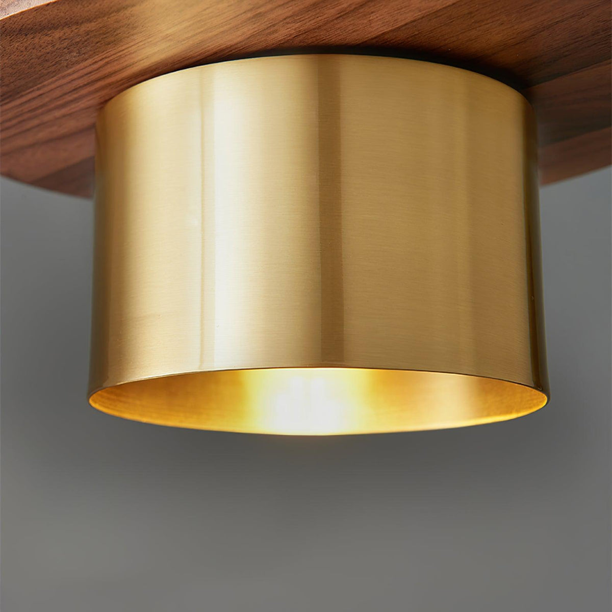 Close view of the brushed brass cylinder shade and walnut brim on this Clérachic pendant, seen from below and lit.