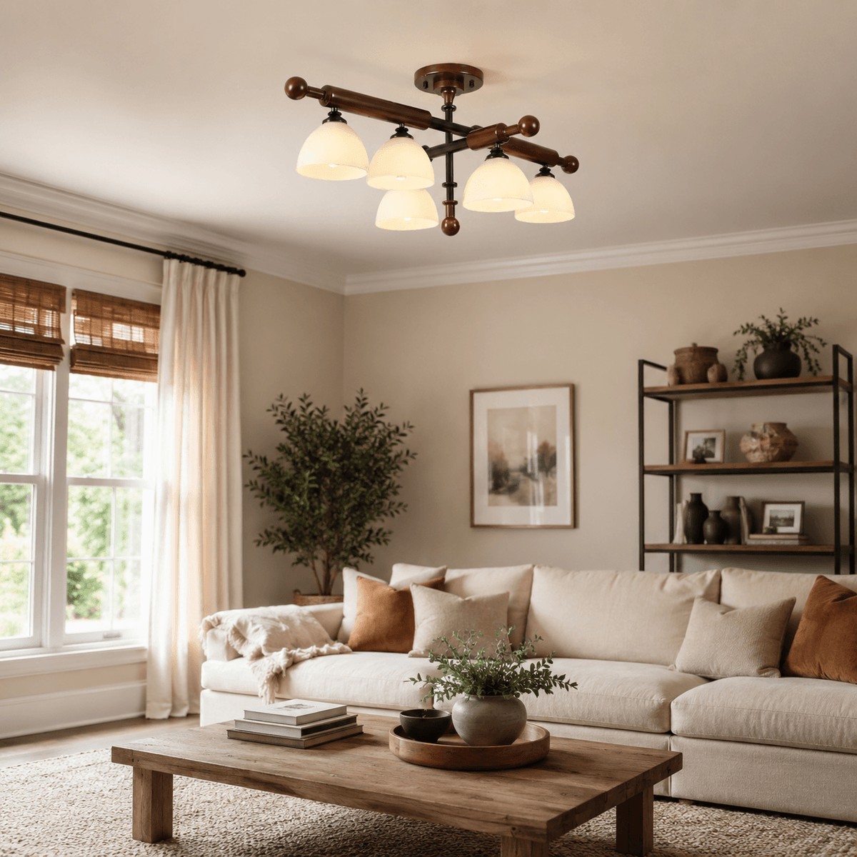 A Clérachic semi flush ceiling light over a living room with a cream sofa, a rustic wood coffee table and a leafy plant.