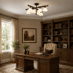 This Clérachic semi flush light hangs in a study with a dark wood desk, a tufted chair and a tall bookcase.