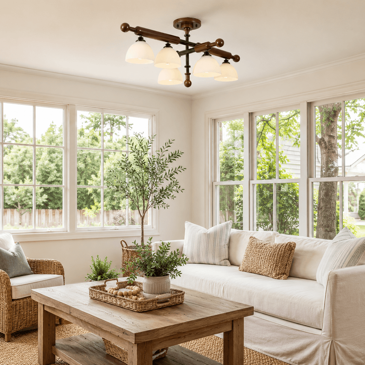 Frosted glass shades under crossed wood bars, a Clérachic semi flush light in a sunny living room with large windows.