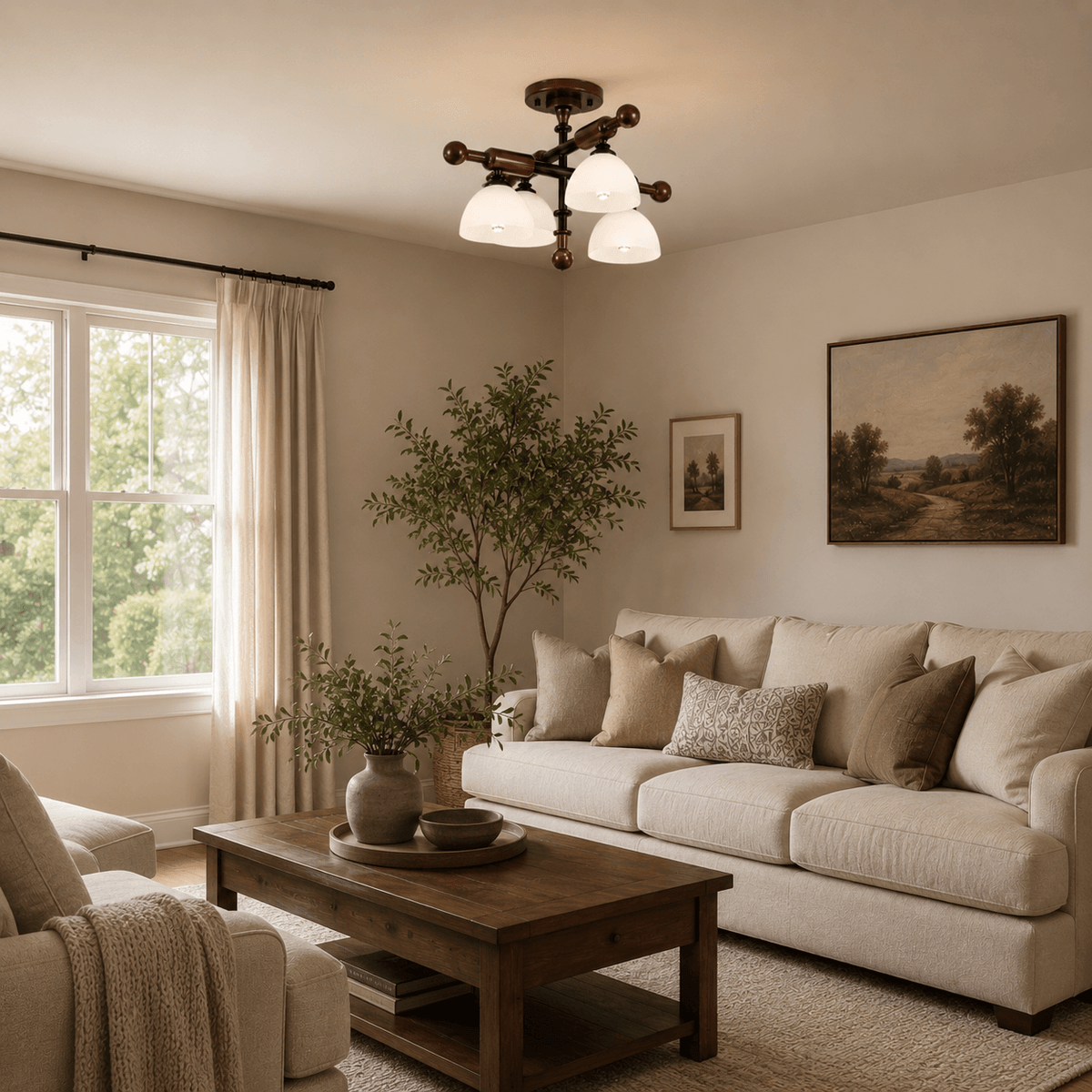 A smaller Clérachic semi flush light with four shades above a living room with a cream sofa and a dark coffee table.