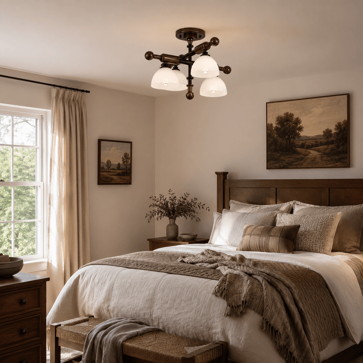 This Clérachic semi flush light sits above a bedroom with a dark wood bed frame and layered cream and brown bedding.