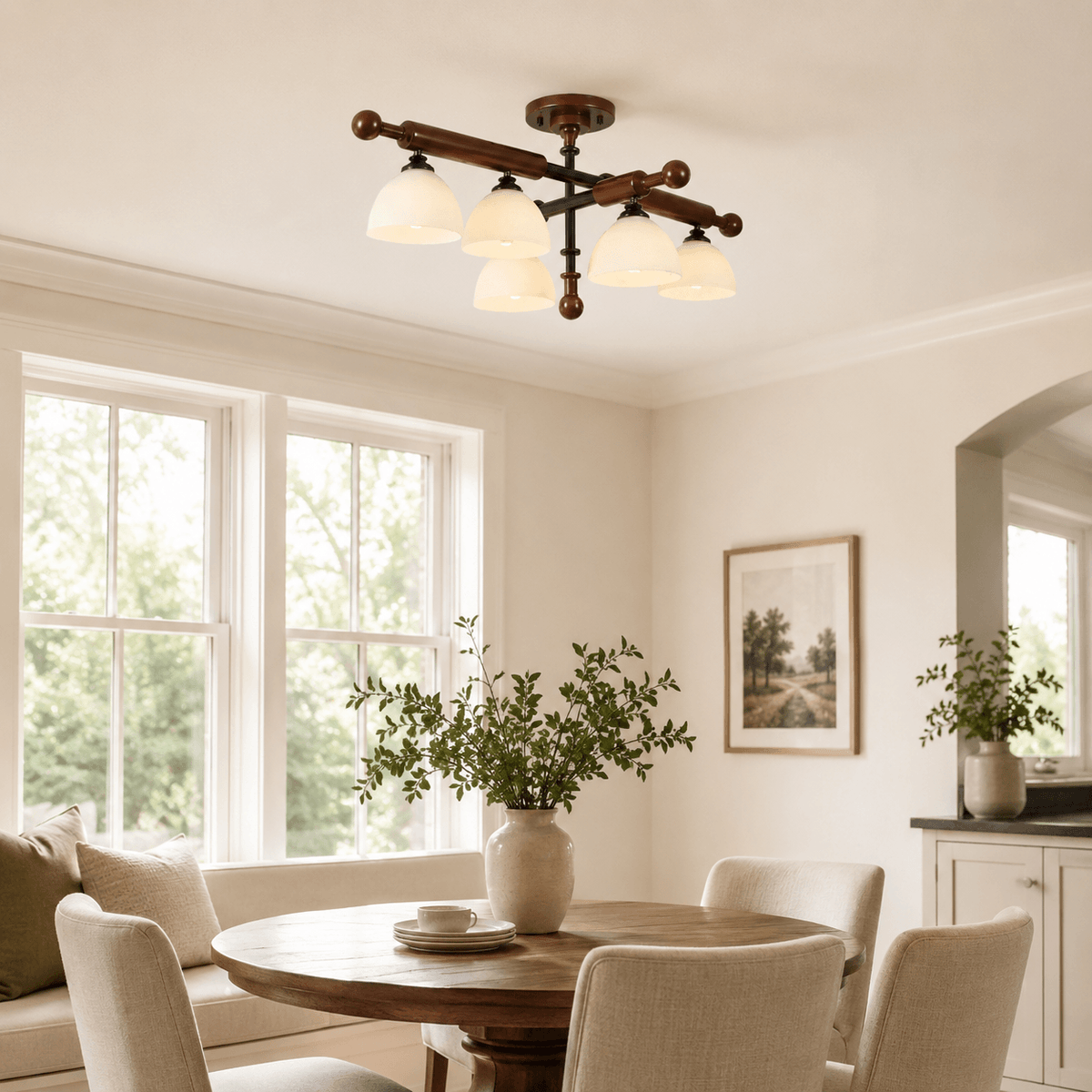 Larger Clérachic semi flush light in a bright room with tall windows and a round table with cream chairs.