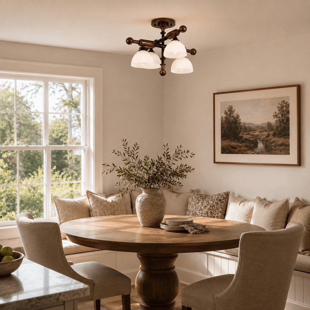 The four-light Clérachic semi flush ceiling light above a round wooden table and a cushioned corner bench.