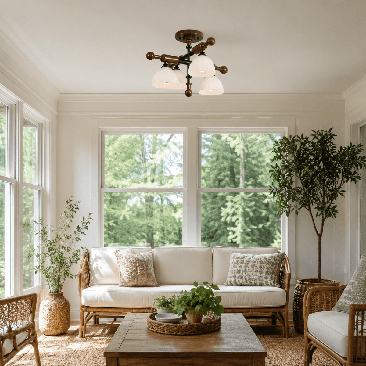 A Clérachic semi flush light with four frosted shades in a white sunroom, with a rattan sofa and an olive tree.
