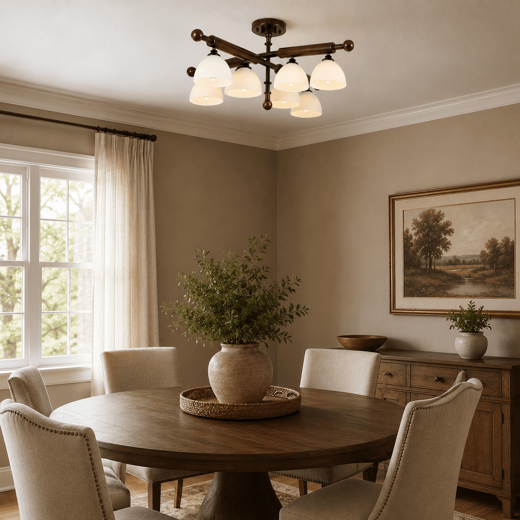 This Clérachic semi flush ceiling light hangs over a round dark wood table with cream chairs and a landscape painting.