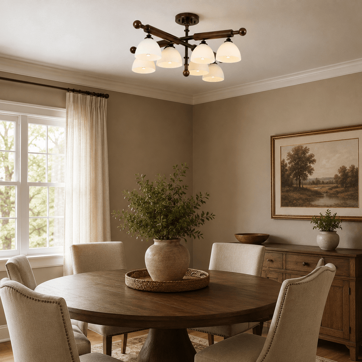 This Clérachic semi flush ceiling light hangs over a round dark wood table with cream chairs and a landscape painting.