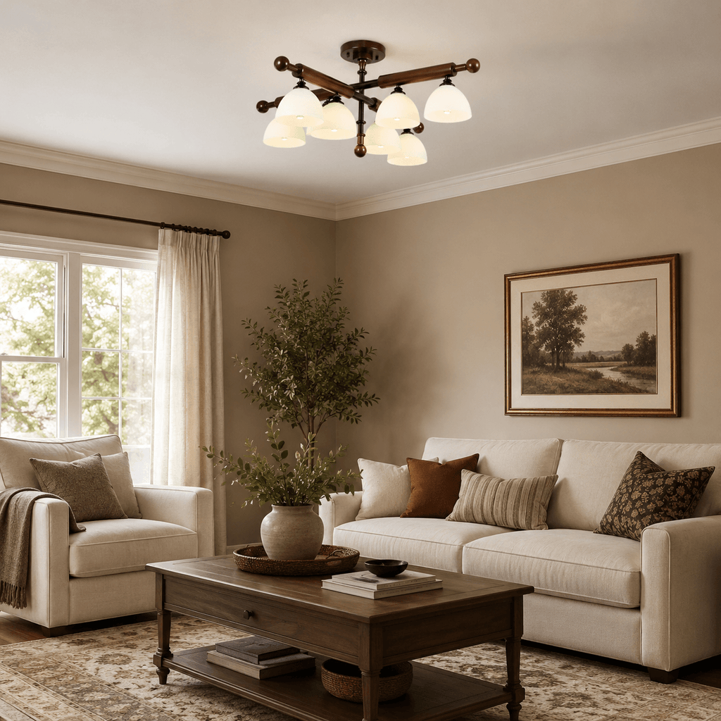 A larger Clérachic semi flush light over a living room with an armchair, a cream sofa and a dark coffee table.