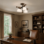 Four frosted shades under crossed wood bars, a Clérachic semi flush light above a dark desk with a leather chair.