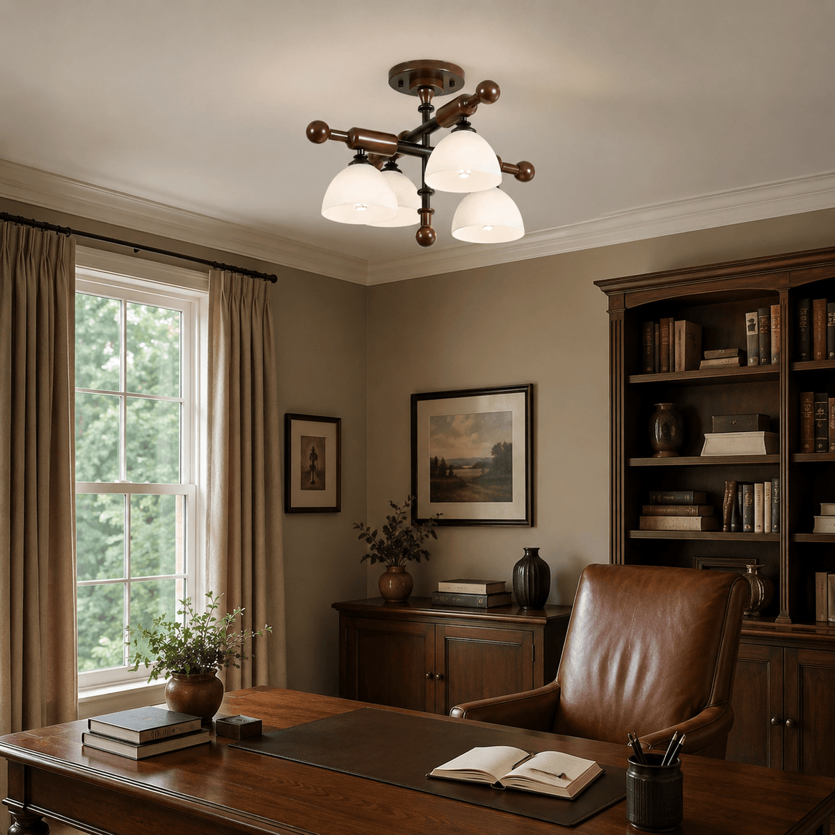 Four frosted shades under crossed wood bars, a Clérachic semi flush light above a dark desk with a leather chair.