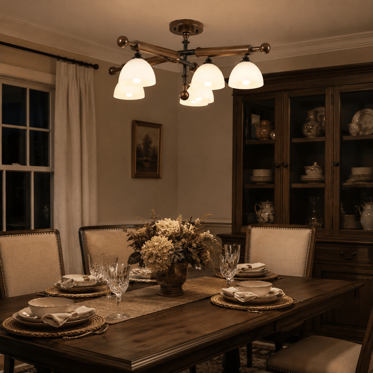 This Clérachic semi flush light is lit above a laid dining table, with a glass-fronted cabinet in a dark-panelled room.