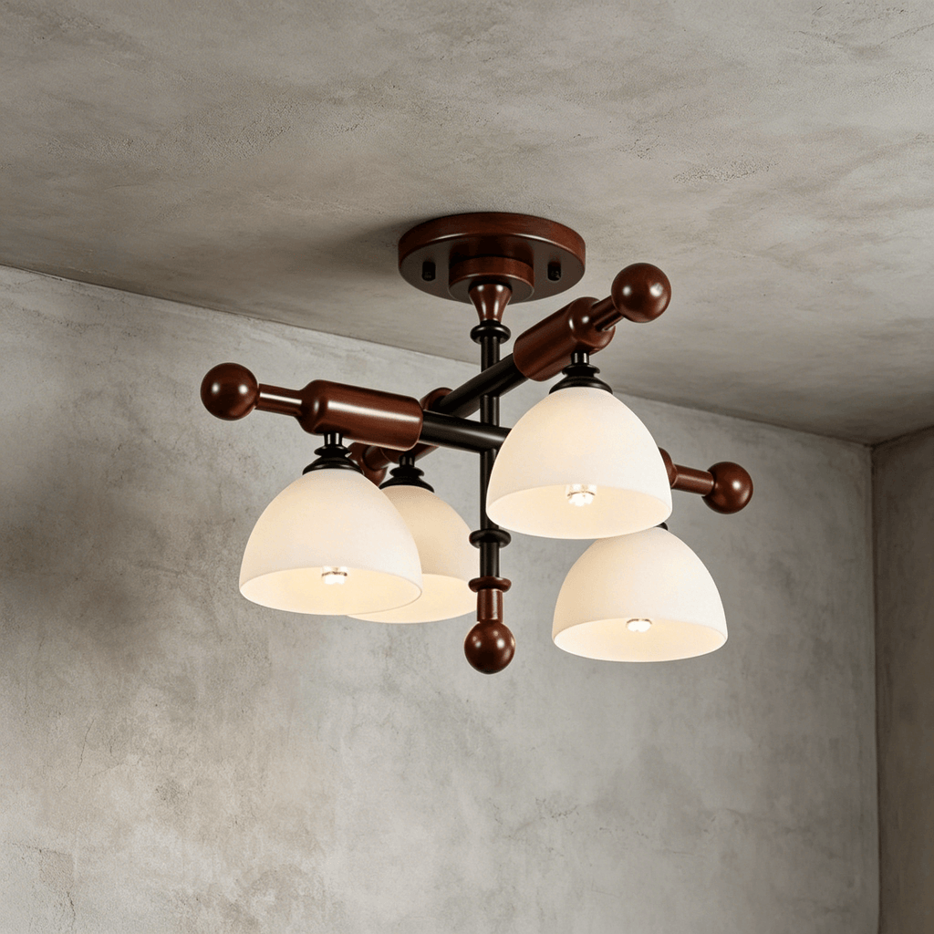 Close view of four frosted glass shades and the ball-ended walnut bars on this Clérachic semi flush light, on a grey wall.