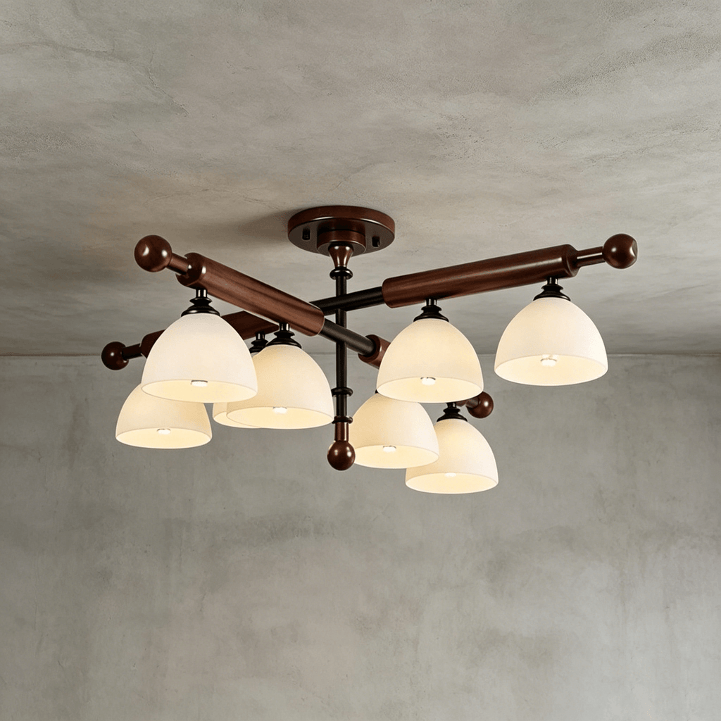 Wider view of this Clérachic semi flush light with eight shades, its wood bars crossing above them on a grey plaster ceiling.