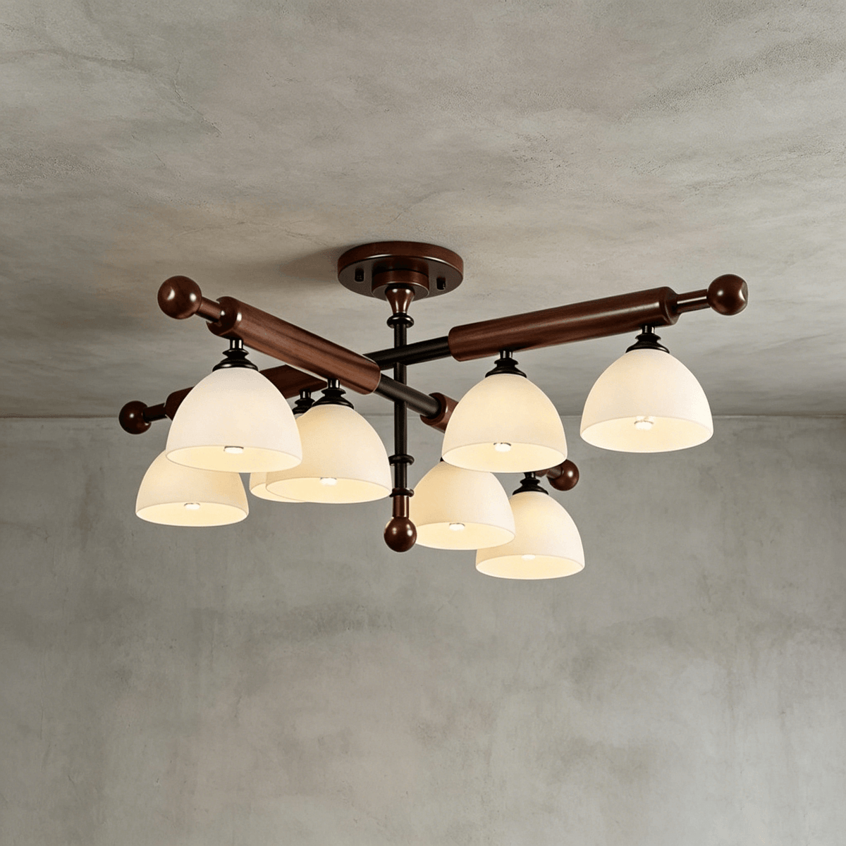 Wider view of this Clérachic semi flush light with eight shades, its wood bars crossing above them on a grey plaster ceiling.