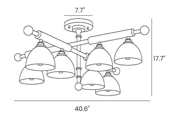 Dimension drawing of the largest Clérachic semi flush ceiling light, with its canopy, height and width marked.