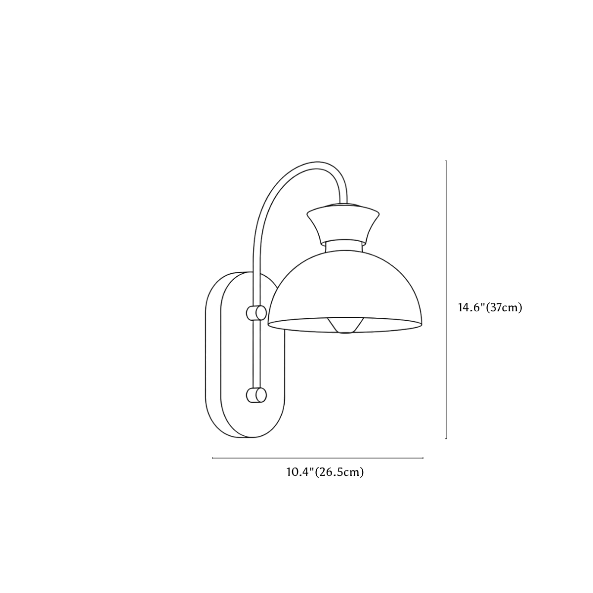 Clérachic wall light dimension drawing, B, every measurement marked in centimetres and inches.