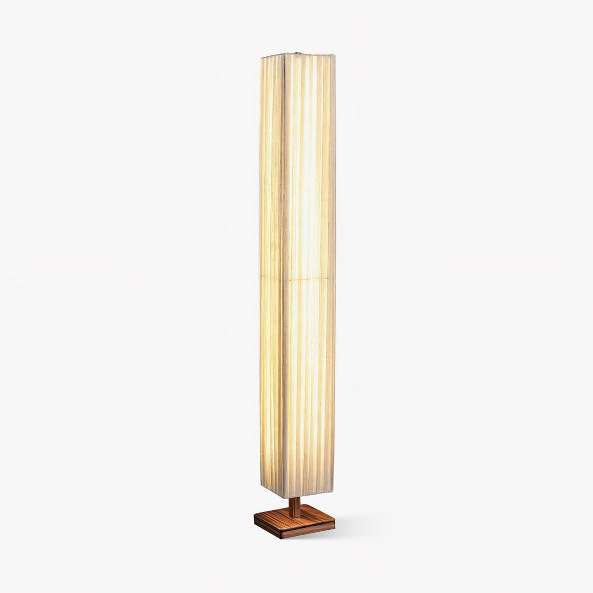 Tall square pleated fabric floor lamp from Clérachic on a small walnut wood base, shown on a plain white background.