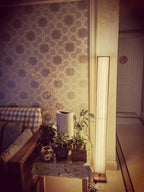 Clérachic floor lamp glowing beside a patterned wall and a table of small plants, in a warm, amber-toned room.
