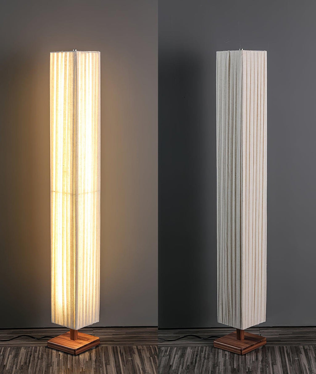 Two views of the Clérachic floor lamp side by side, one lit from the front and one showing the plain pleated side.