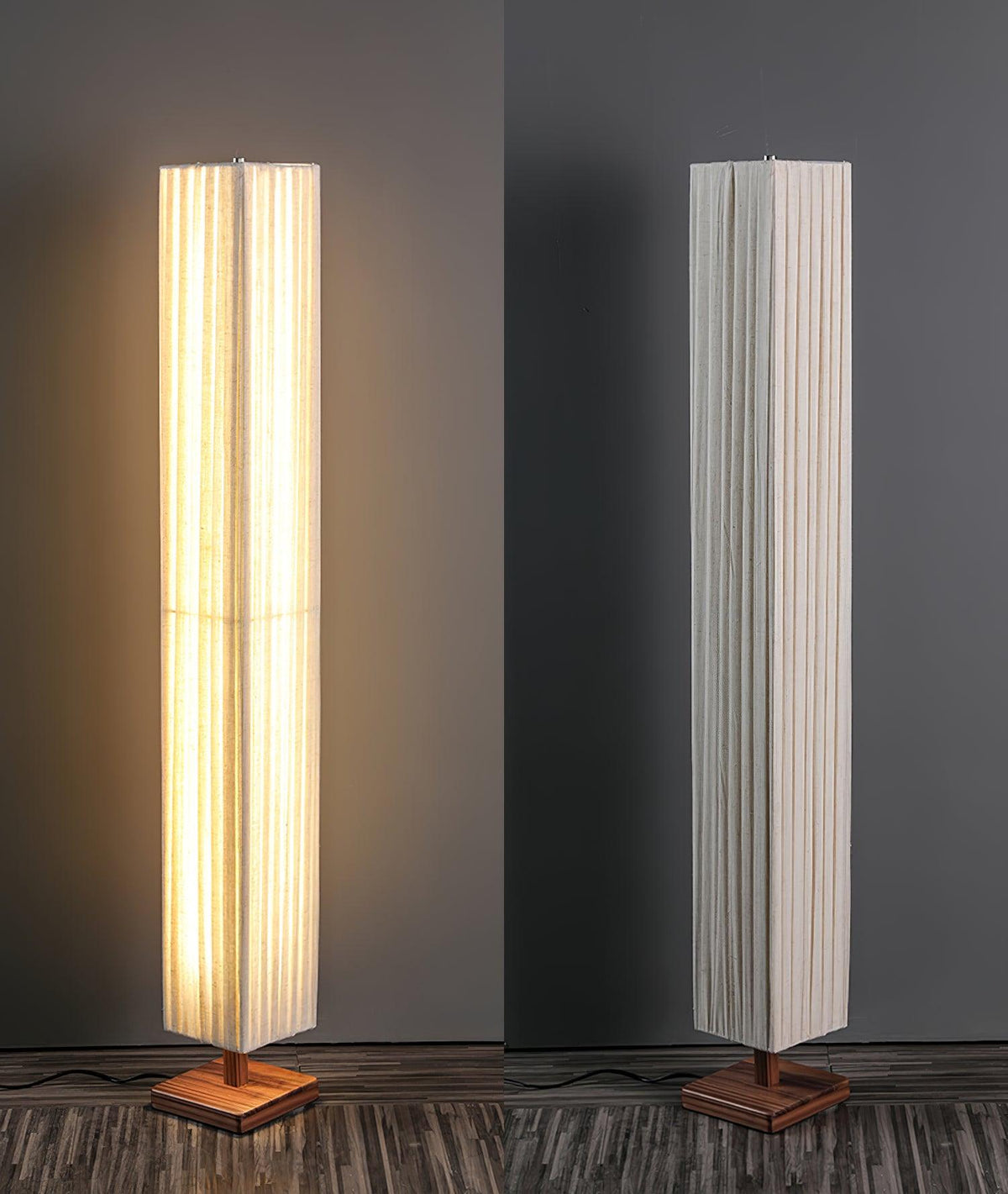 Two views of the Clérachic floor lamp side by side, one lit from the front and one showing the plain pleated side.