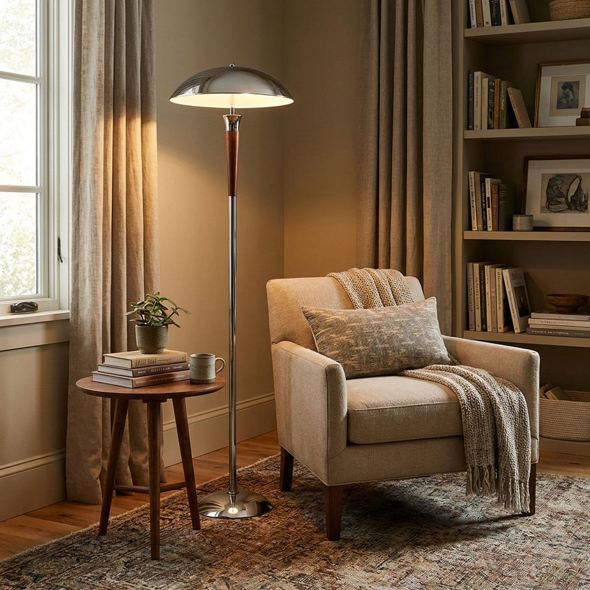 Close view of a Clérachic floor lamp with a walnut stem lights a reading corner with a cream armchair, a throw, a round side table and bookshelves.