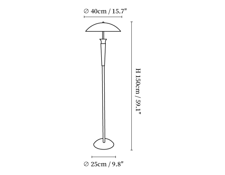 Clérachic floor lamp dimension drawing, every measurement marked in centimetres and inches.