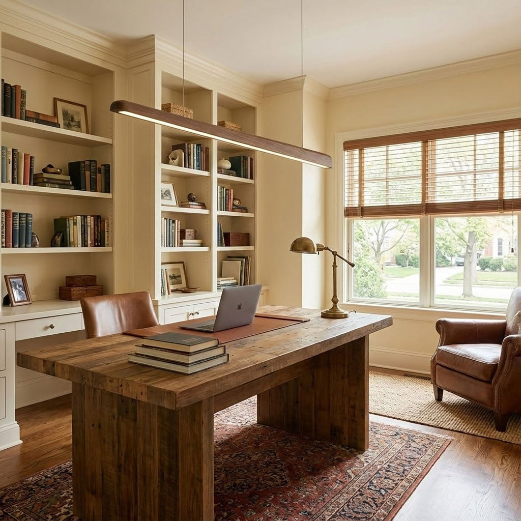 This Clérachic walnut bar pendant runs above a reclaimed wood desk in a study lined with bookshelves.