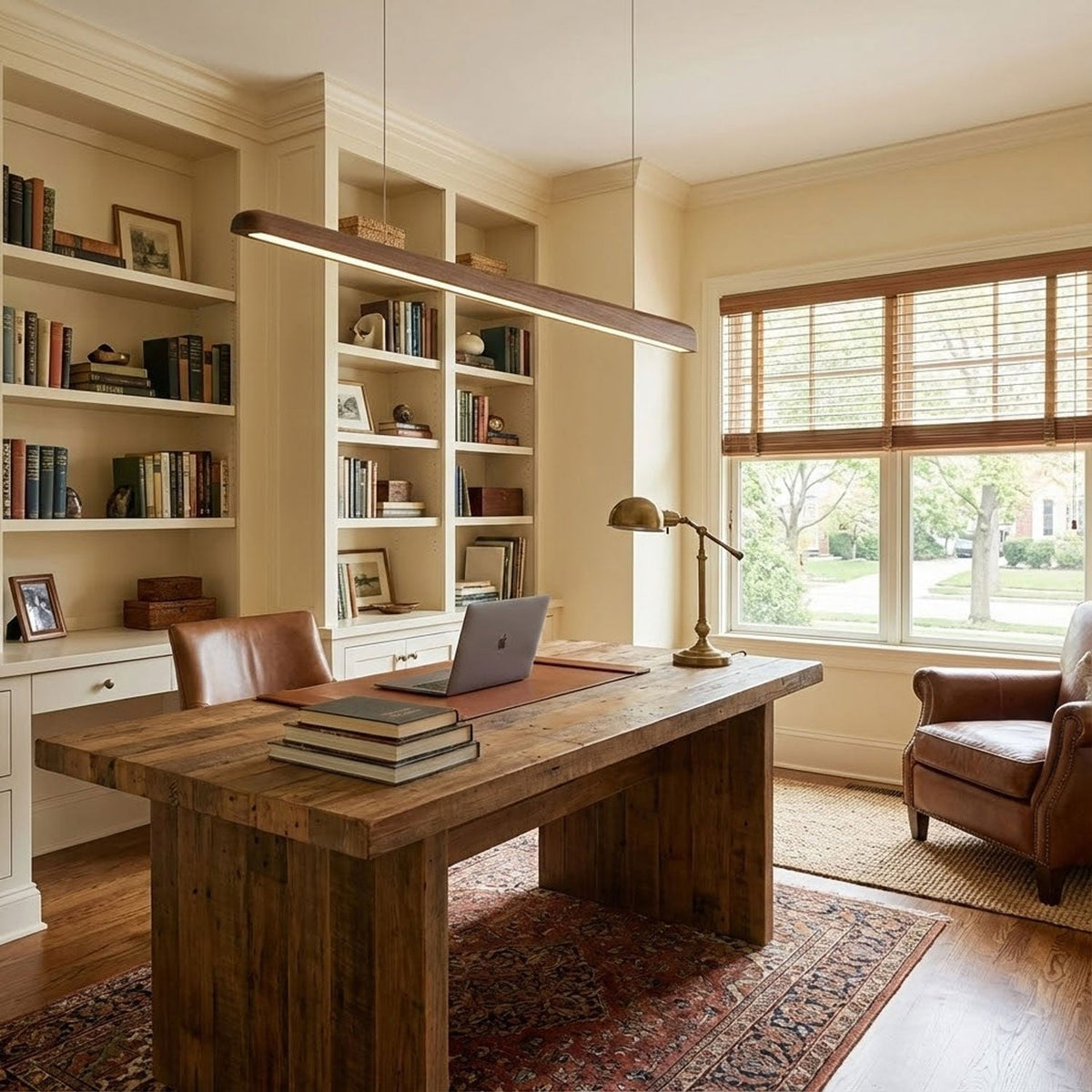 This Clérachic walnut bar pendant runs above a reclaimed wood desk in a study lined with bookshelves.