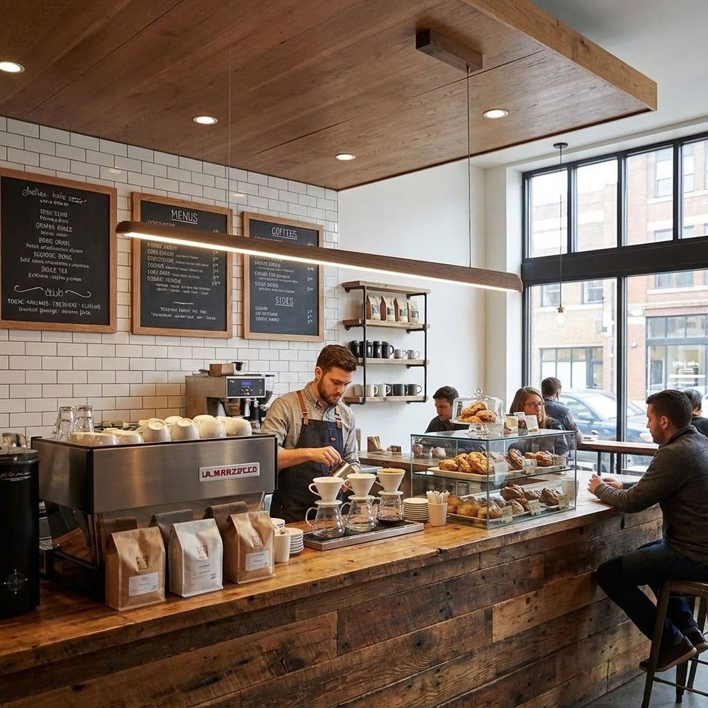 Long walnut bar pendant hung above a timber coffee counter, with chalkboard menus and a tiled wall behind, from Clérachic.