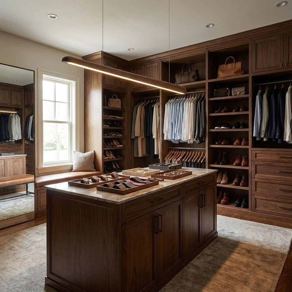 Walnut bar light glowing along its underside above a dark wood island in a walk-in wardrobe, a lamp from Clérachic.