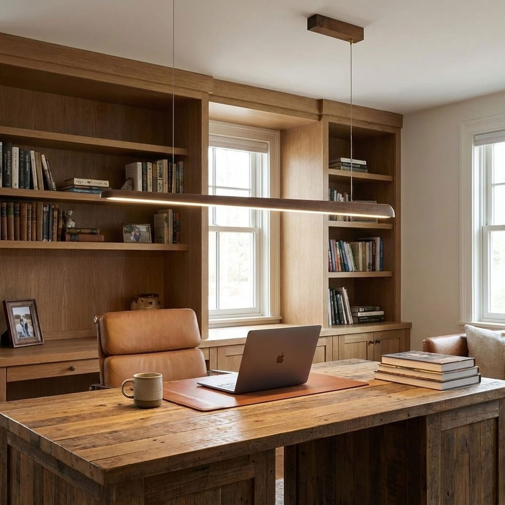 Clérachic walnut bar pendant above a rustic wood desk with a laptop, in front of a built-in bookcase and a window.
