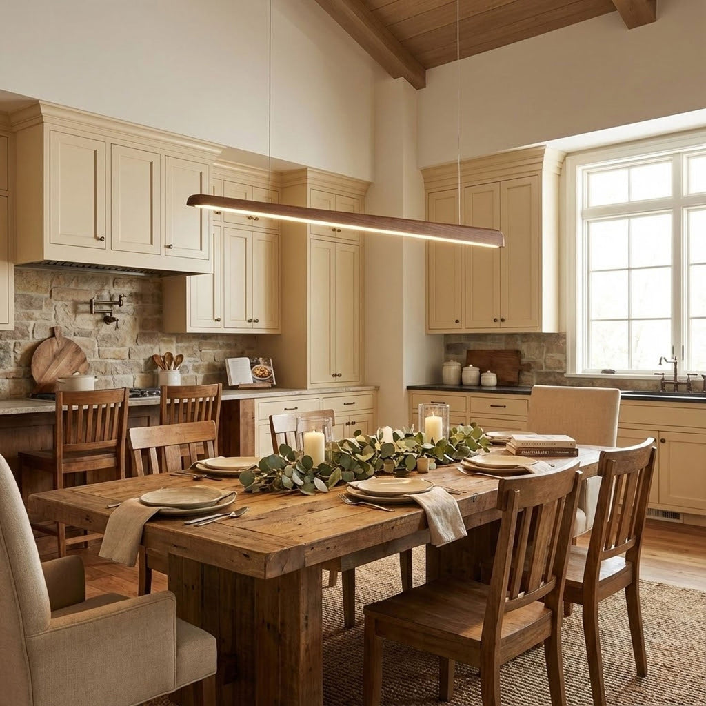 Walnut bar pendant hung over a wooden dining table set with plates and candles, in a cream kitchen, from Clérachic.
