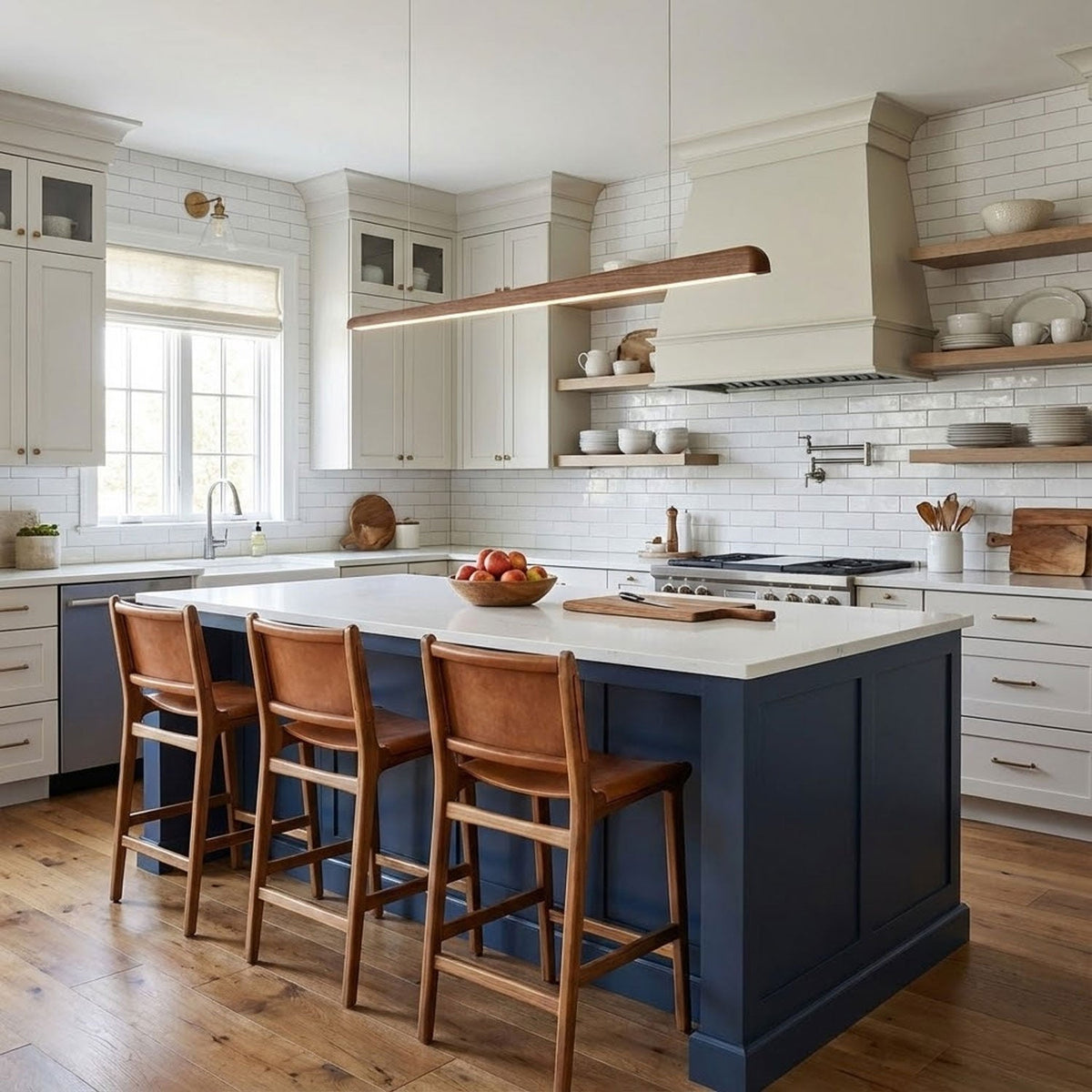 Walnut bar pendant above a navy kitchen island with leather stools, white tiles and open shelves behind, from Clérachic.