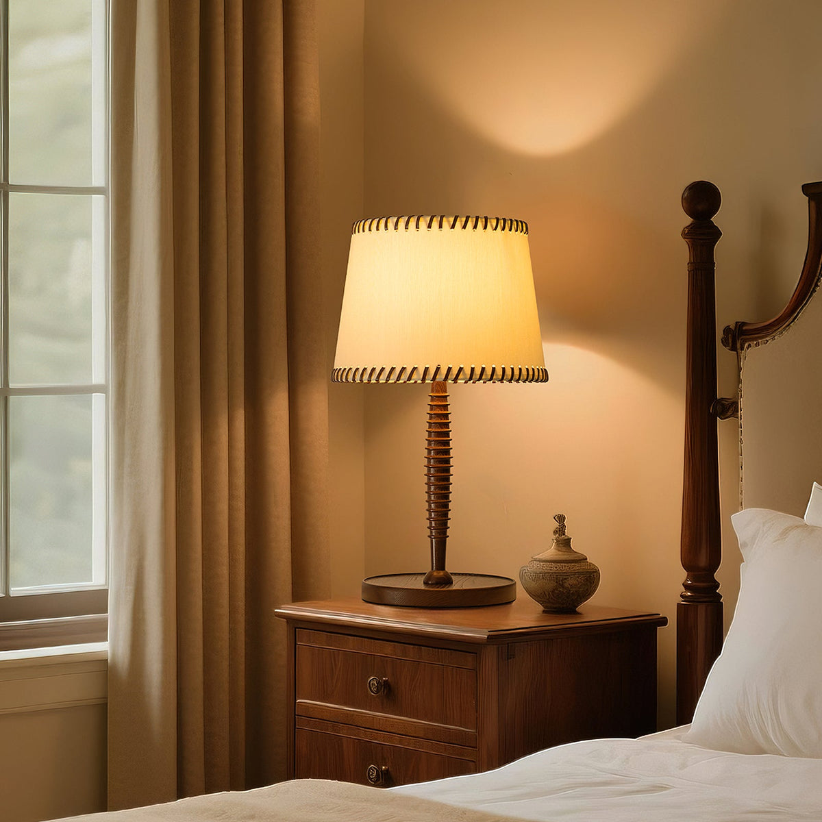 A Clérachic table lamp with a lit beige shade on a wooden bedside table, with a bedpost, curtains and a small lidded jar nearby.
