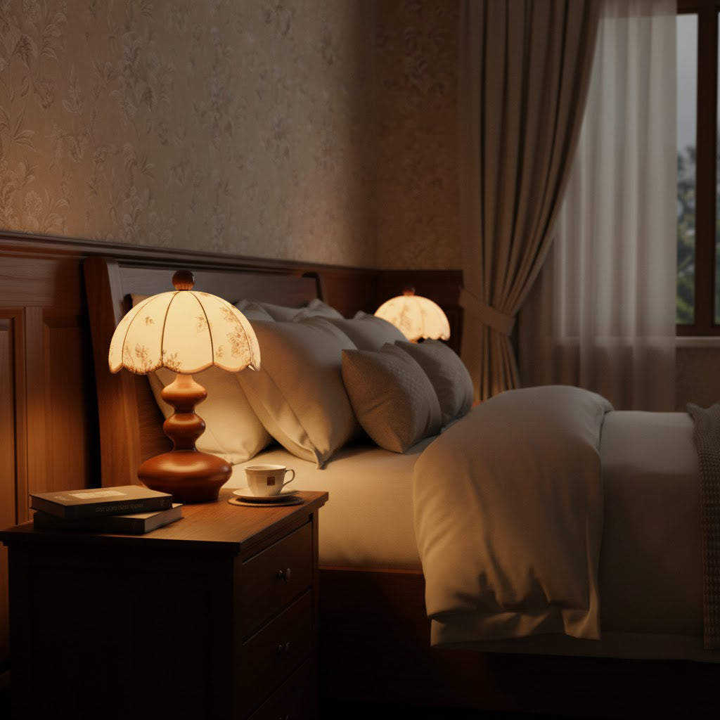 Pair of lit Clérachic lamps with tiered wooden bases on bedside tables, flanking a bed with cream bedding and drawn curtains.